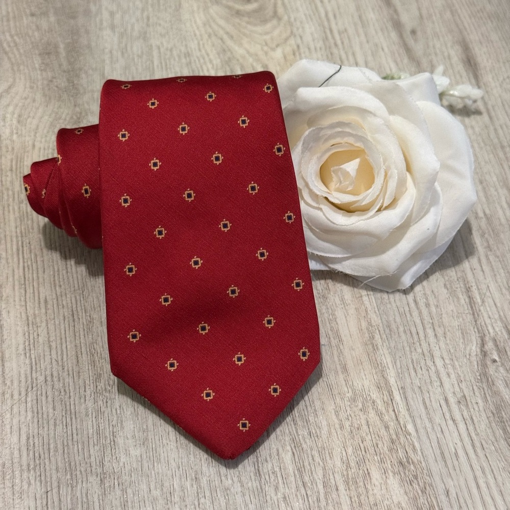 NEW VINTAGE Yves Saint Laurent Pure Silk 3.5" Neck Tie Deep Red Geometric Print